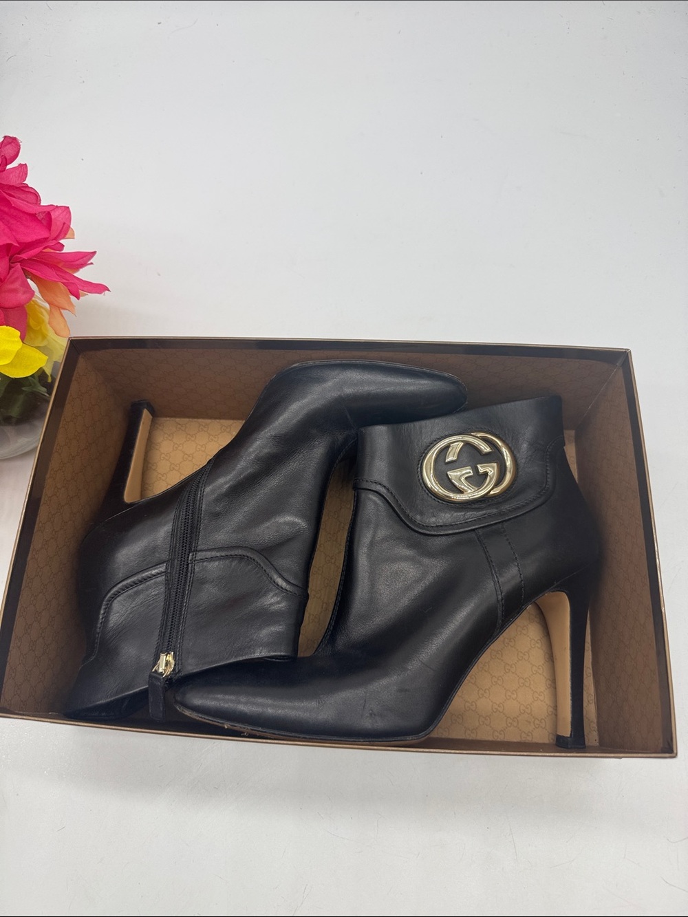 Gucci Black Leather Heeled Boosts Style 163306 with box Size 8.5 - Picture 3 of 15